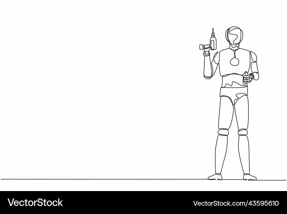 Continuous one line drawing robot worker holding Vector Image