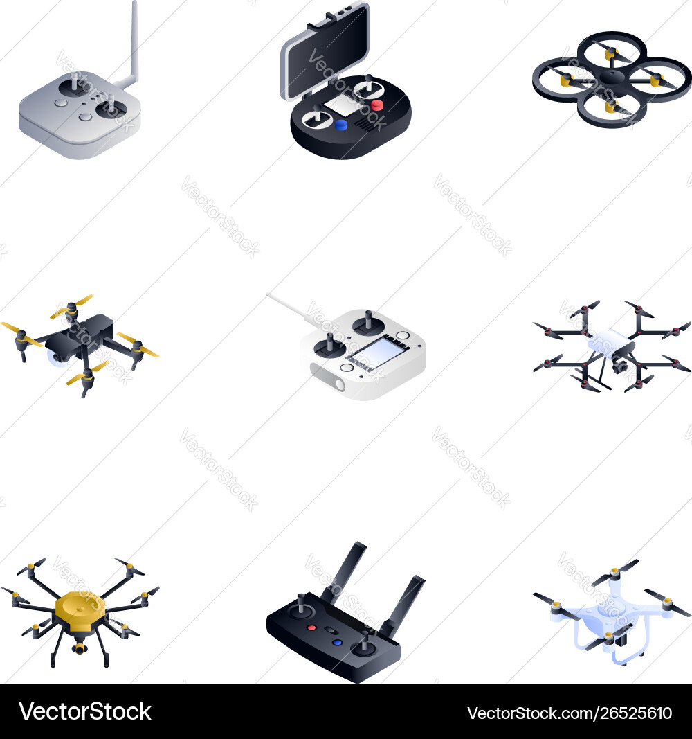 Drone remote control icon set isometric style Drone remote control icon set isometric style vector image