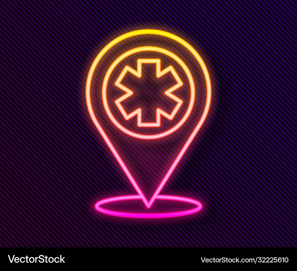 Glowing neon line medical map pointer with cross Glowing neon line medical map pointer with cross Vector Image