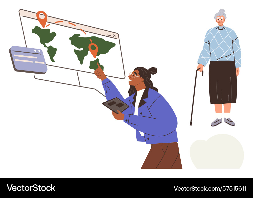 Woman using technology to navigate global map Woman using technology to navigate global map vector image