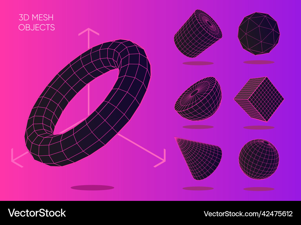 3d mesh shapes with grid texture polygonal 3d mesh shapes with grid texture polygonal vector image