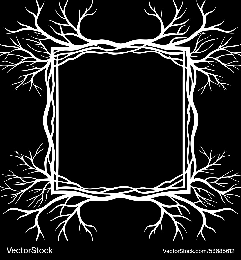 Branches of tree roots frame an empty black vector image