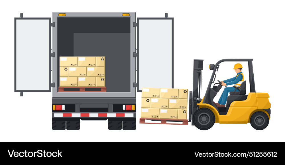 Forklift loading pallet of stacked boxes Forklift loading pallet of stacked boxes Vector Image