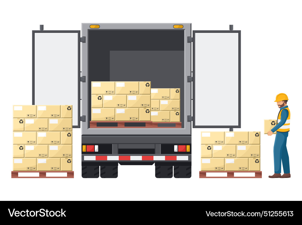 Industrial worker loading boxes into a isothermal Industrial worker loading boxes into a isothermal Vector Image