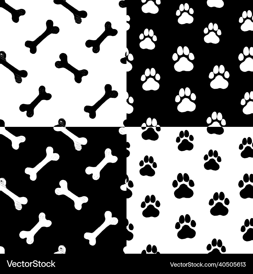 Set of 4 seamless patterns with paws and bones Vector Image