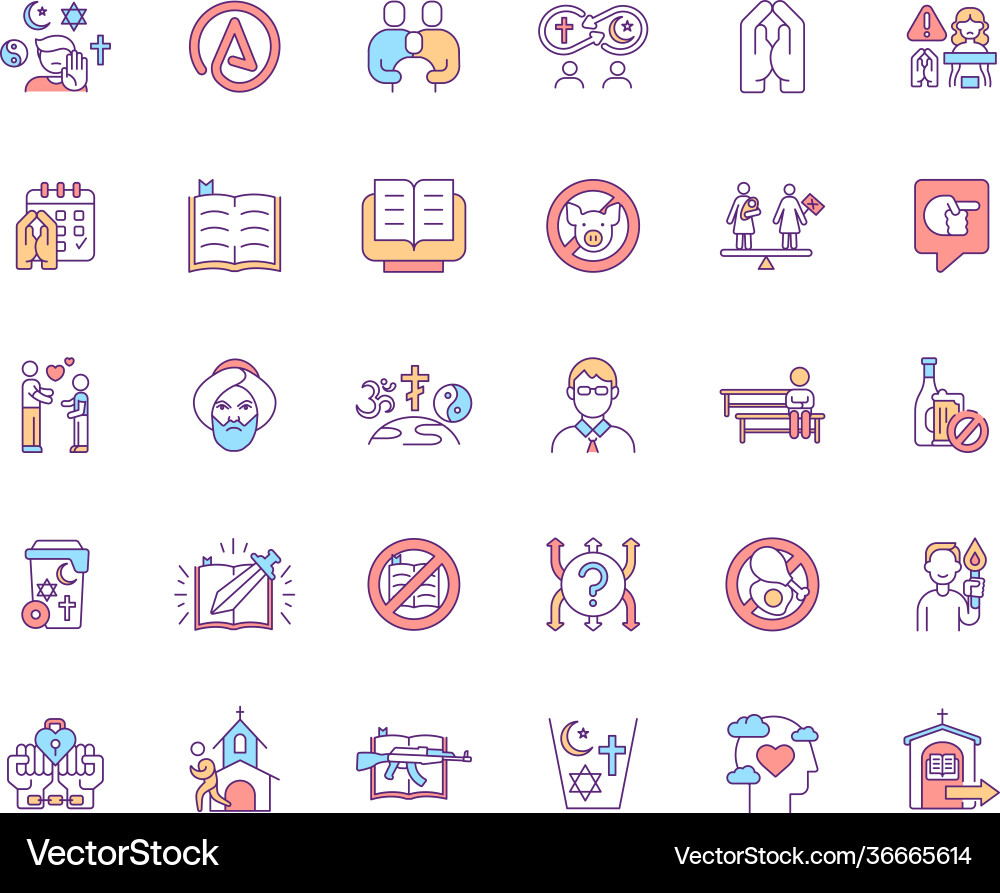 Religious values and problems rgb color icon set Religious values and problems rgb color icon set Vector Image