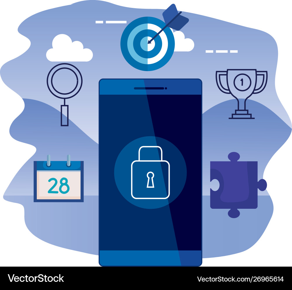 Smartphone device with padlock and set icons Vector Image