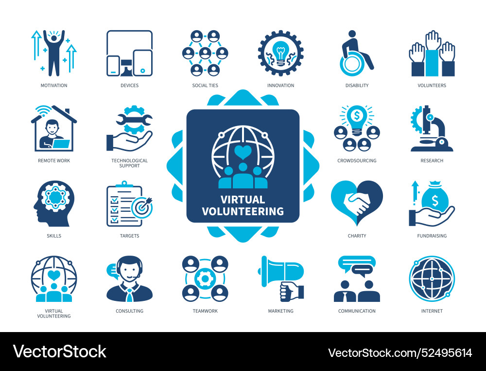 Virtual volunteering solid icon set Royalty Free Vector