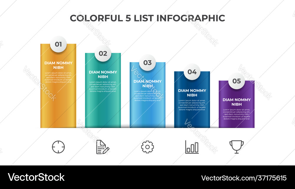 Descending list diagram with 5 points steps Descending list diagram with 5 points steps vector image