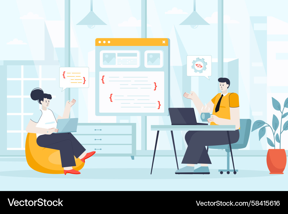 Coding Team Concept - Flat Illustration Vector Image