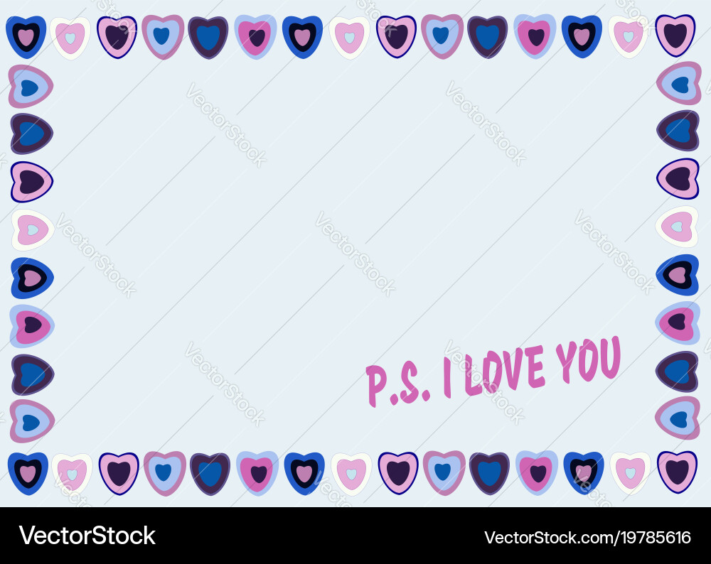 Frame of hearts on blue background with text ps Vector Image