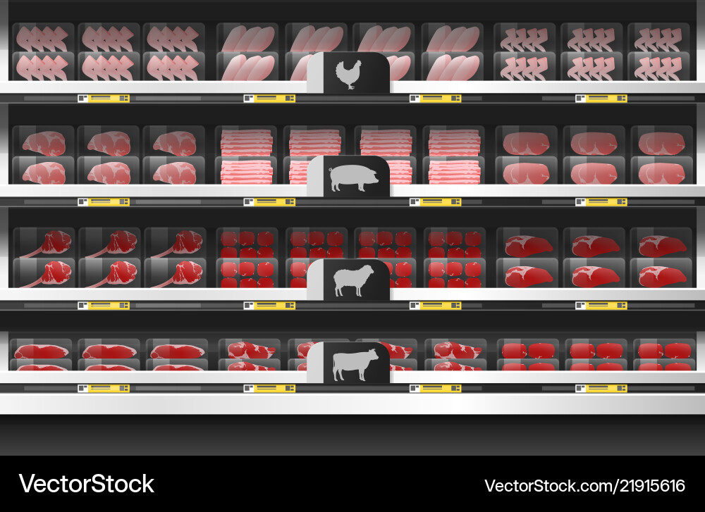 Frisches Fleischdisplay im Supermarkt Frisches Fleischdisplay im Supermarkt vektorbild