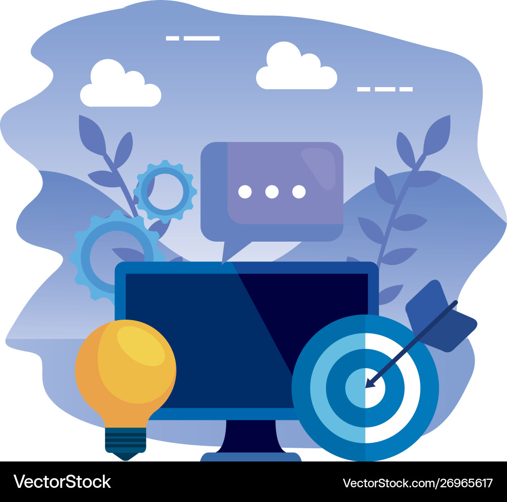Desktop computer with bulb and target Vector Image