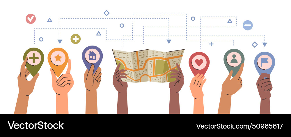 Hand holding navigation pins and maps Vector Image
