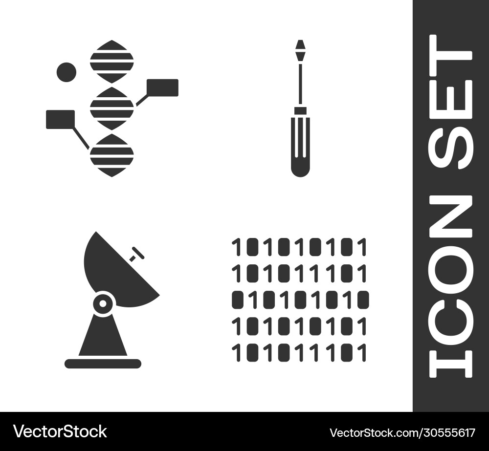 Set binary code dna symbol radar and screwdriver Set binary code dna symbol radar and screwdriver Vector Image