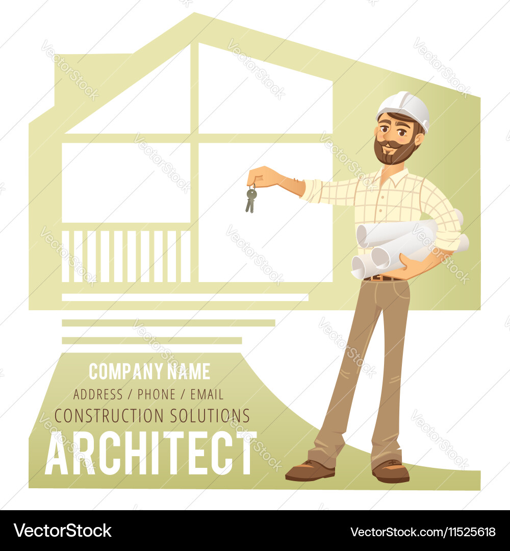 Architect in helmet with blueprints and keys Vector Image