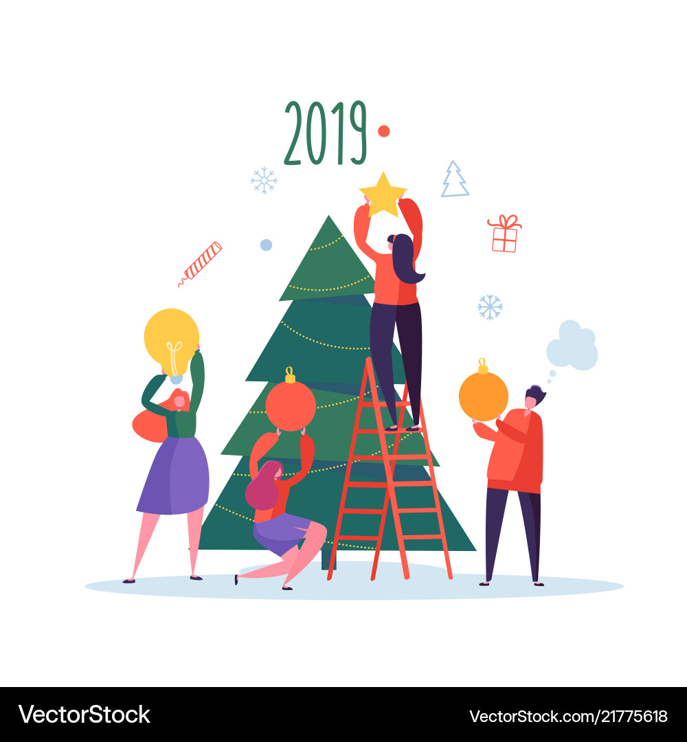 Flat happy people decorating christmas tree Flat happy people decorating christmas tree vector image