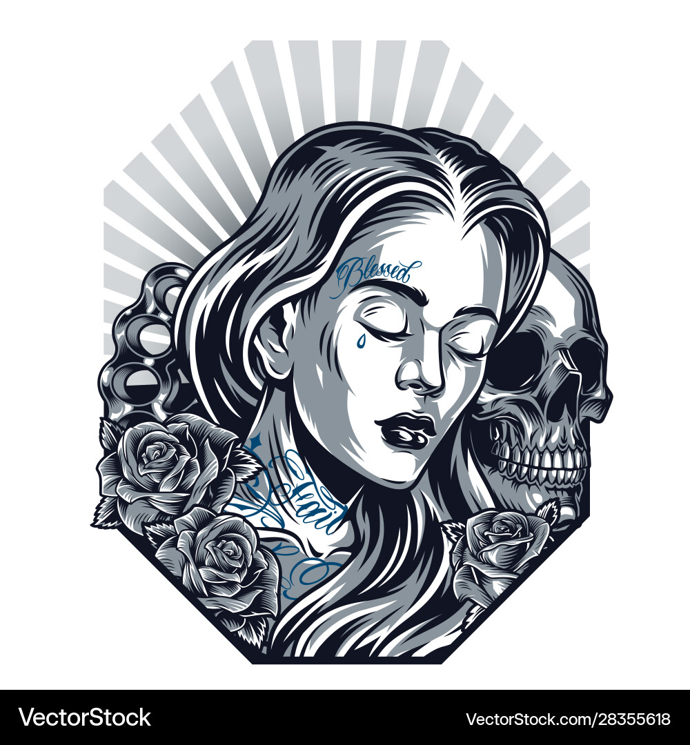 Sad Girl Skull with Roses Vector Image