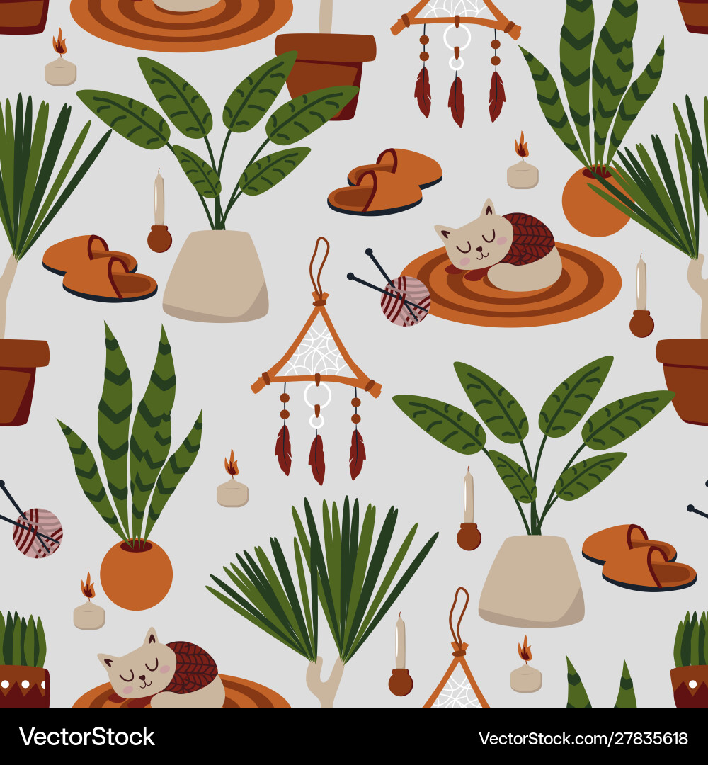 Seamless pattern with flowerpot and cat Seamless pattern with flowerpot and cat Vector Image