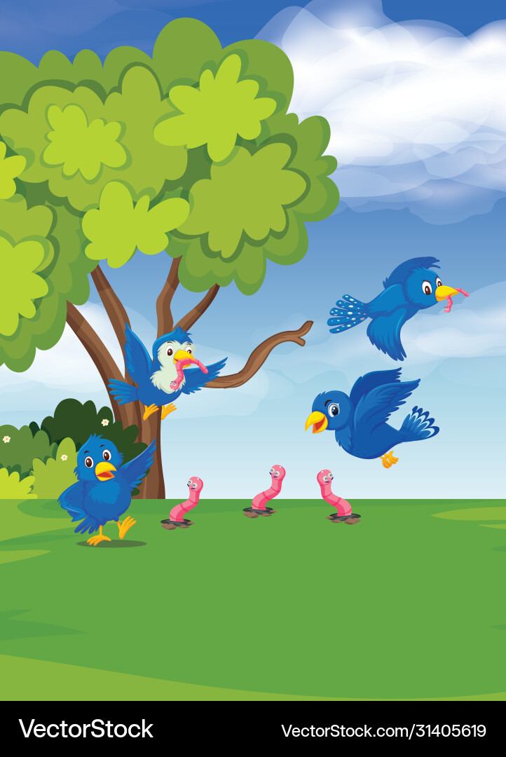 Bird finding worm on tree and sky background Vector Image
