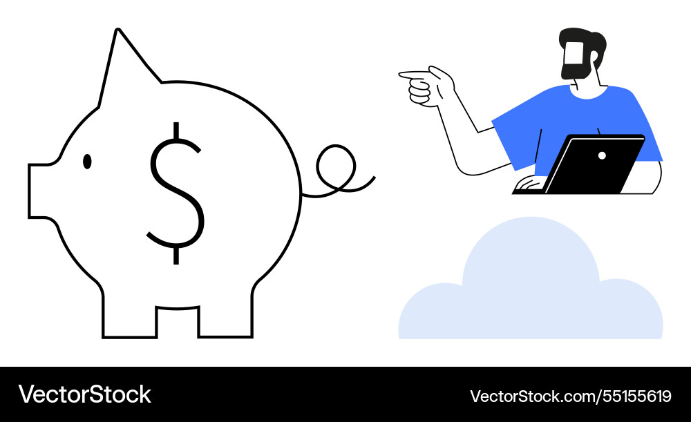 Man pointing at piggy bank while working Man pointing at piggy bank while working vector image