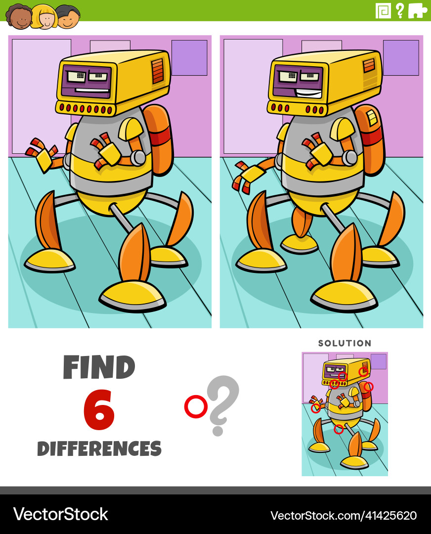 Differences game with cartoon robot character Differences game with cartoon robot character vector image