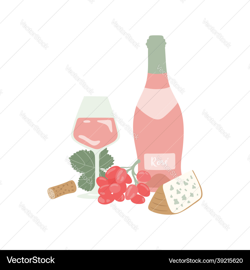 Handgezeichnetes Rosenweinflaschenglas aus Trauben Handgezeichnetes Rosenweinflaschenglas aus Trauben vektorbild