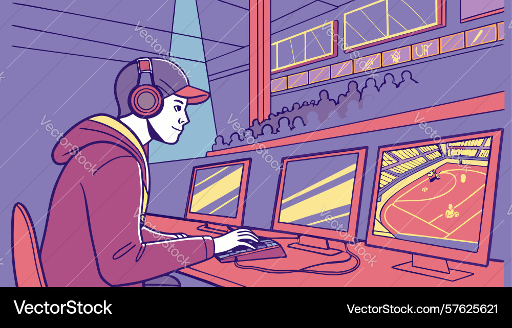 Man monitoring multiple screens design vector image