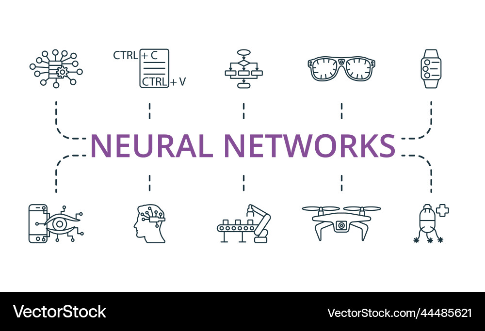Neural networks icon set monochrome simple Neural networks icon set monochrome simple Vector Image