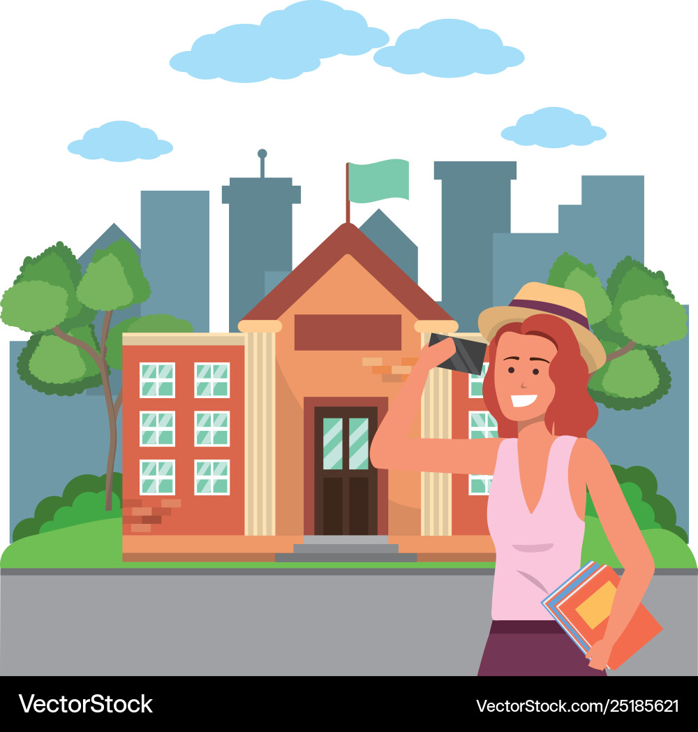 Student using smartphone on campus background Vector Image