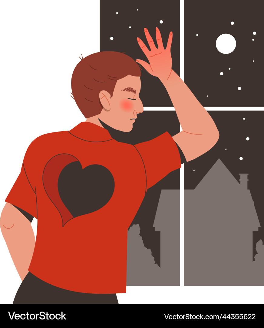 Man with empty heart standing near window having Man with empty heart standing near window having Vector Image