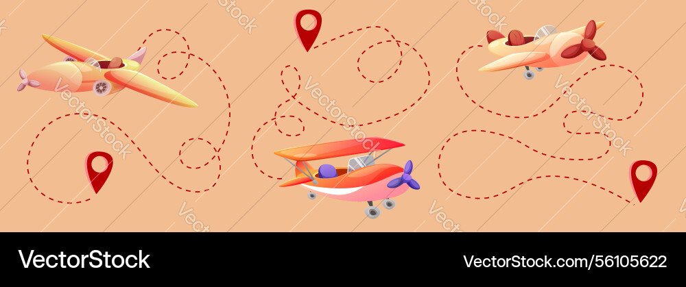 Planes and location pins connected by dotted lines Planes and location pins connected by dotted lines vector image