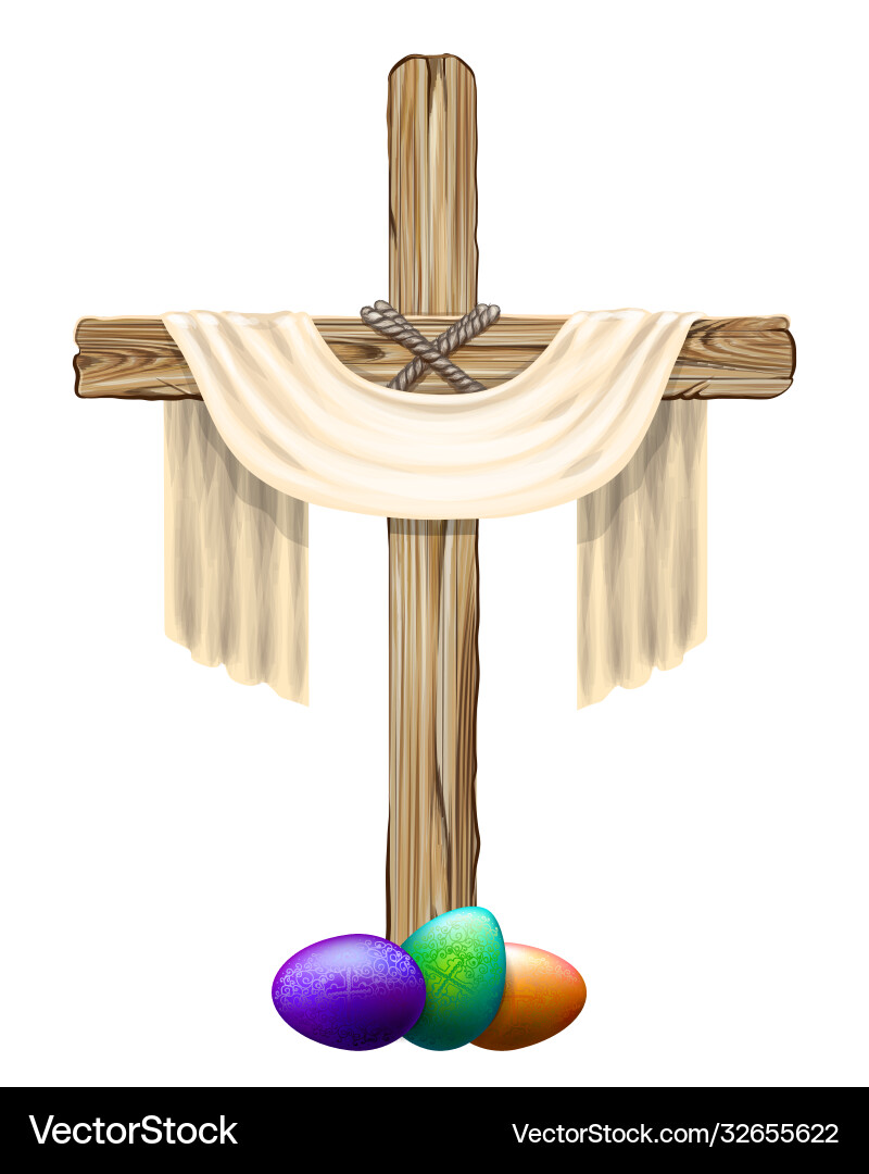 Wooden cross with a cloth and colored eggs vector image