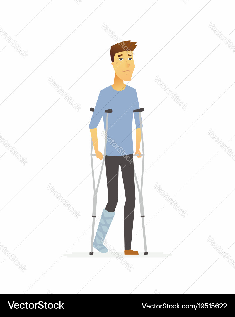 Young man on crutches - cartoon people characters Vector Image