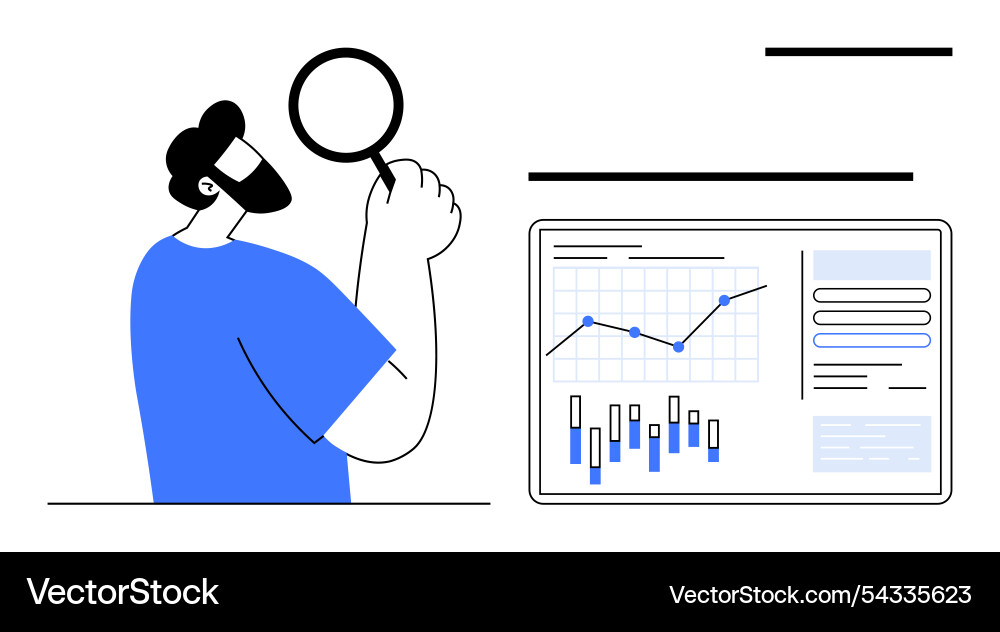 Man analyzing graphs and charts with magnifying Man analyzing graphs and charts with magnifying Vector Image