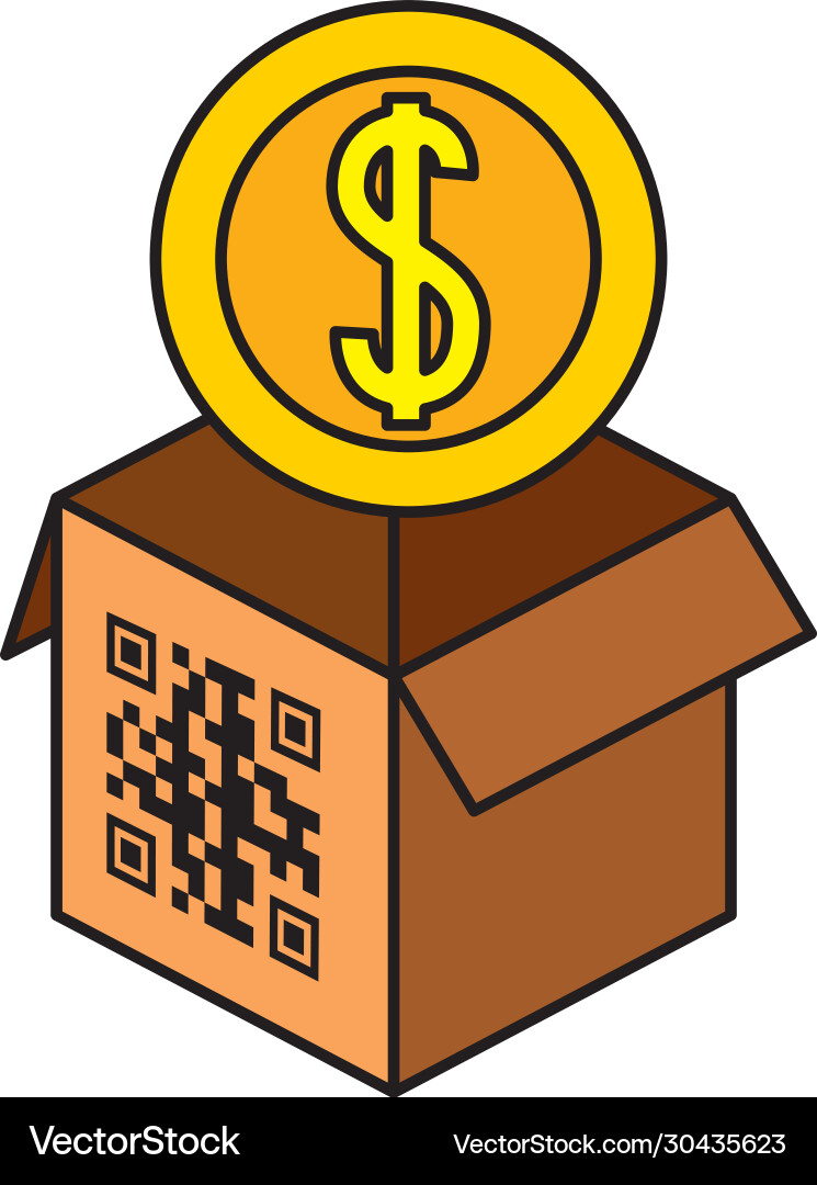 Qr code over box and coin design Vector Image