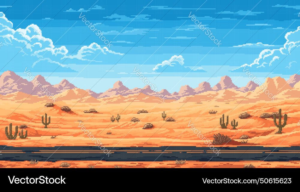 Retro 8 bit pixel desert road landscape background vector image