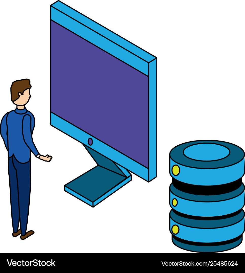 Businessman worker with computer and data center Businessman worker with computer and data center Vector Image