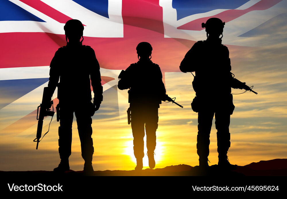 Silhouettes of soldiers with united kingdom vector image