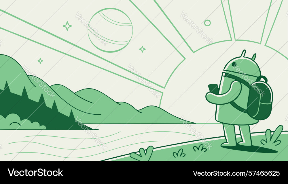 Android robot and person exploring lush hills vector image