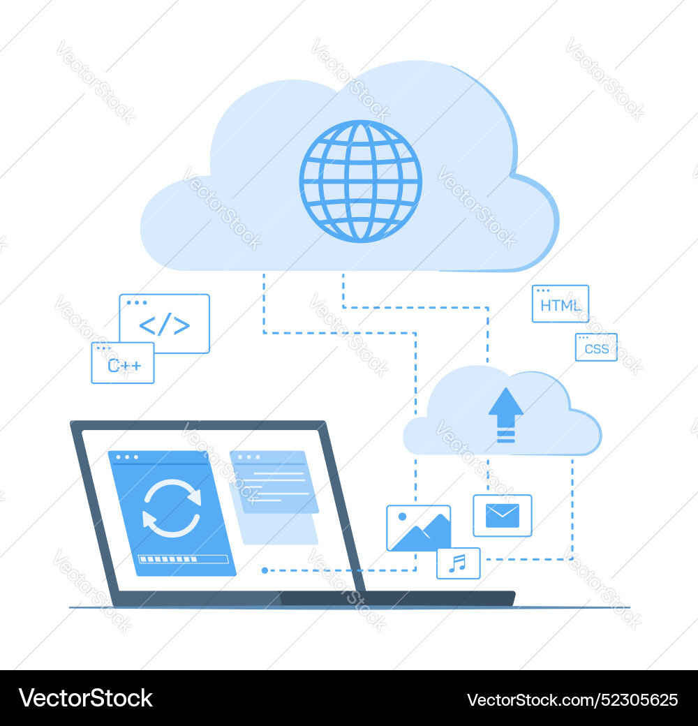 Laptop computer syncing data with cloud computing Laptop computer syncing data with cloud computing vector image