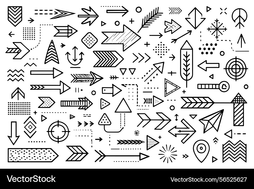 Diverse arrow shapes and line patterns in black Diverse arrow shapes and line patterns in black vector image
