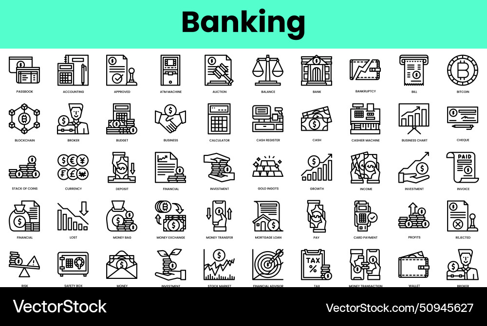 Set of banking icons linear style icon bundle Set of banking icons linear style icon bundle vector image