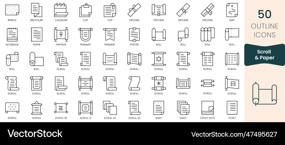 Set of scroll and paper icons thin linear style Set of scroll and paper icons thin linear style Vector Image