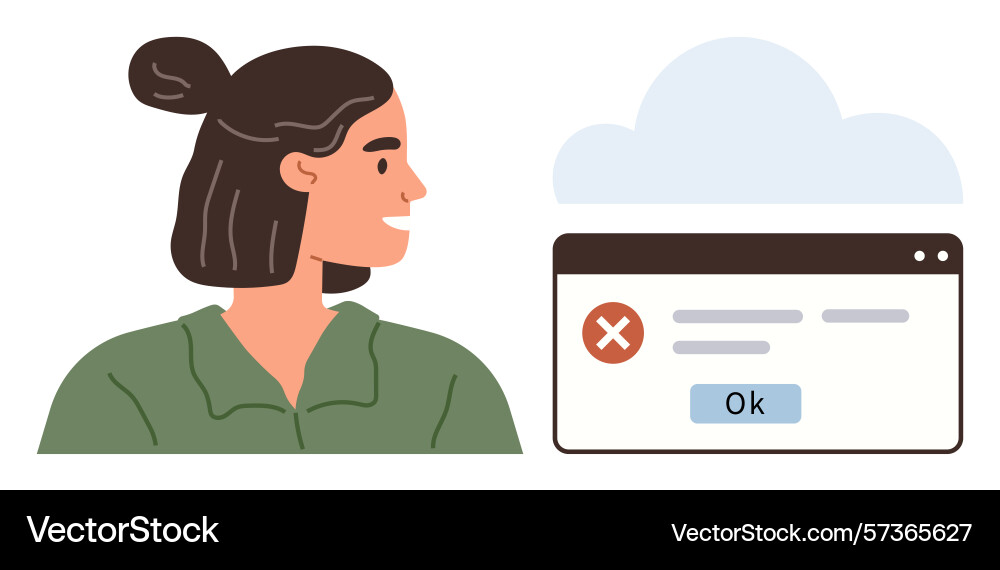 Woman viewing error message on screen with cloud Woman viewing error message on screen with cloud vector image