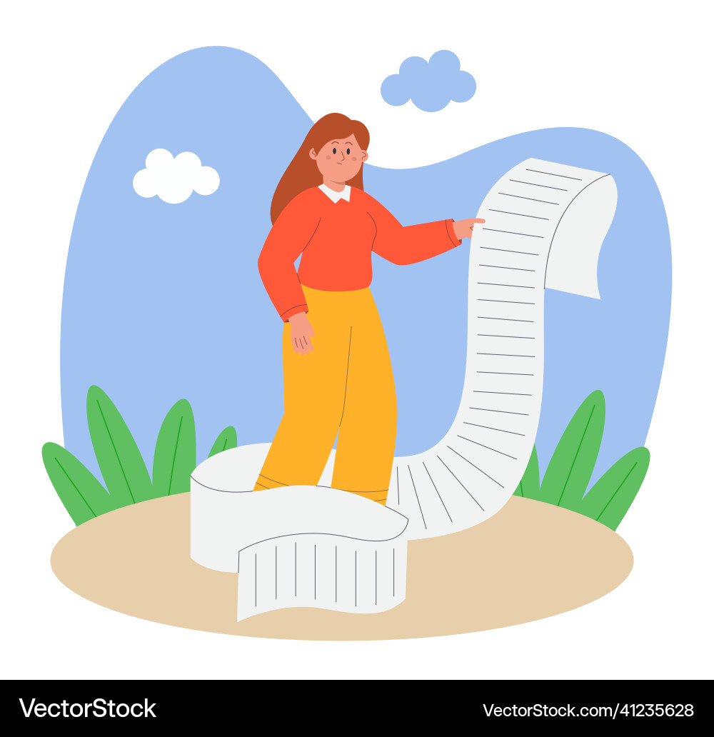 Cartoon woman holding long check or list of tasks Cartoon woman holding long check or list of tasks Vector Image