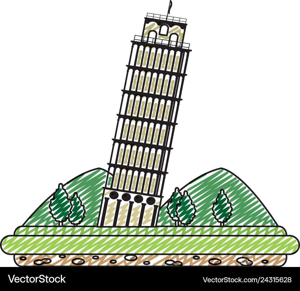 Doodle Magierturm von Pisa mit Bergen Doodle Magierturm von Pisa mit Bergen Vektorbild