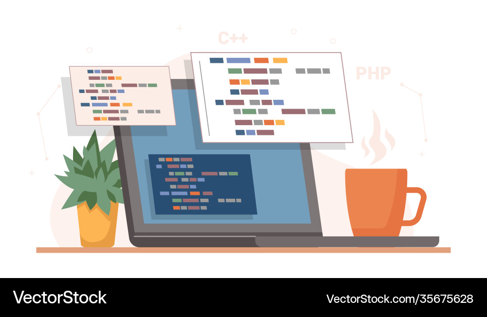 Programming and coding table with laptop cup vector image