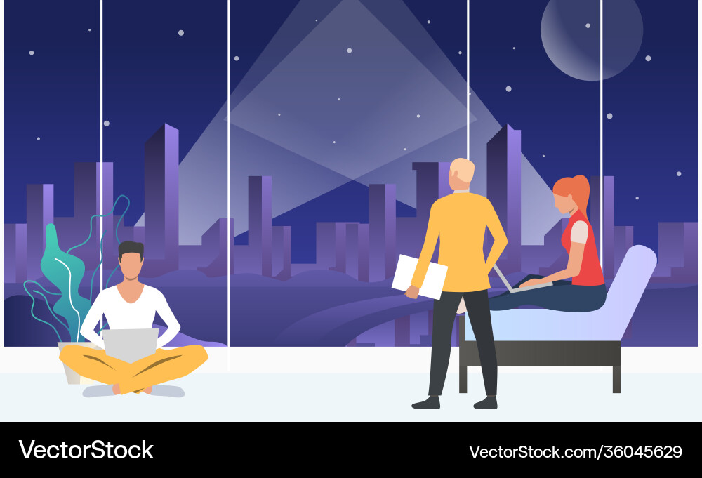 Team working on project in evening Vector Image