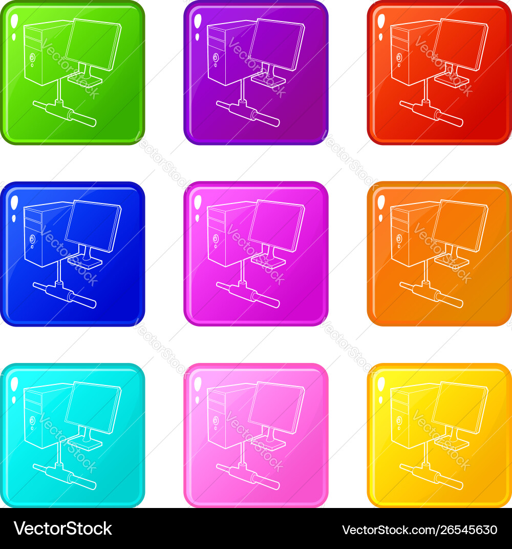 Computer monitor and cpu unit icons set 9 color Computer monitor and cpu unit icons set 9 color vector image